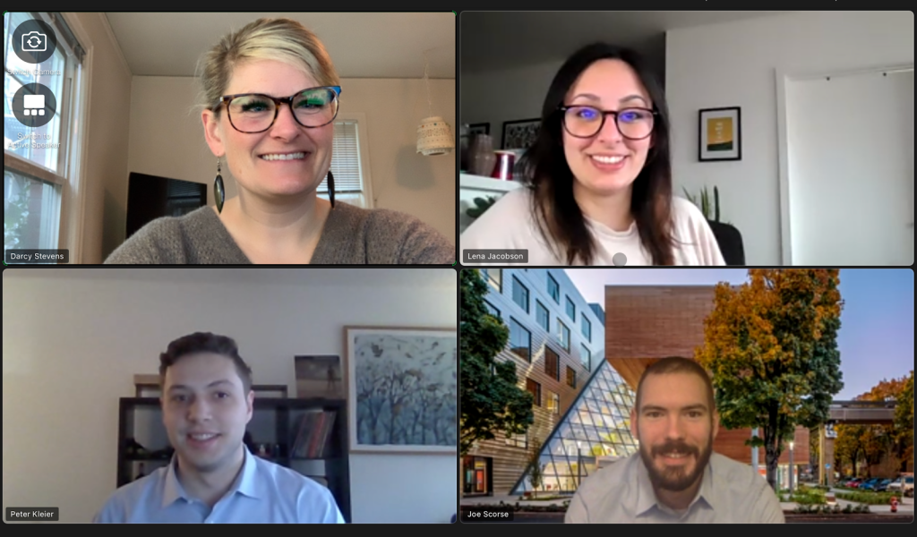 Darcy Stevens, Lena Jacobson, Peter Kleier and Joe Scorse, members of the Adelante Mujeres Capstone team 