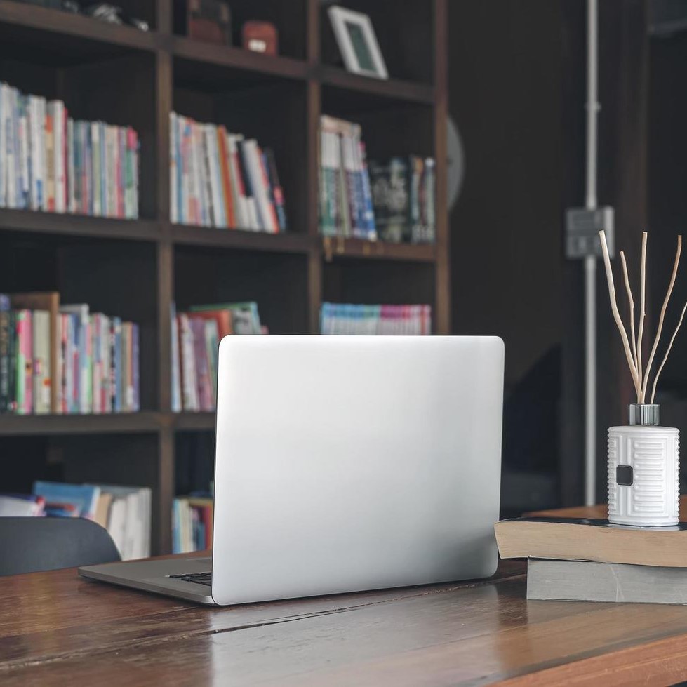 Bookshelf behind a desk